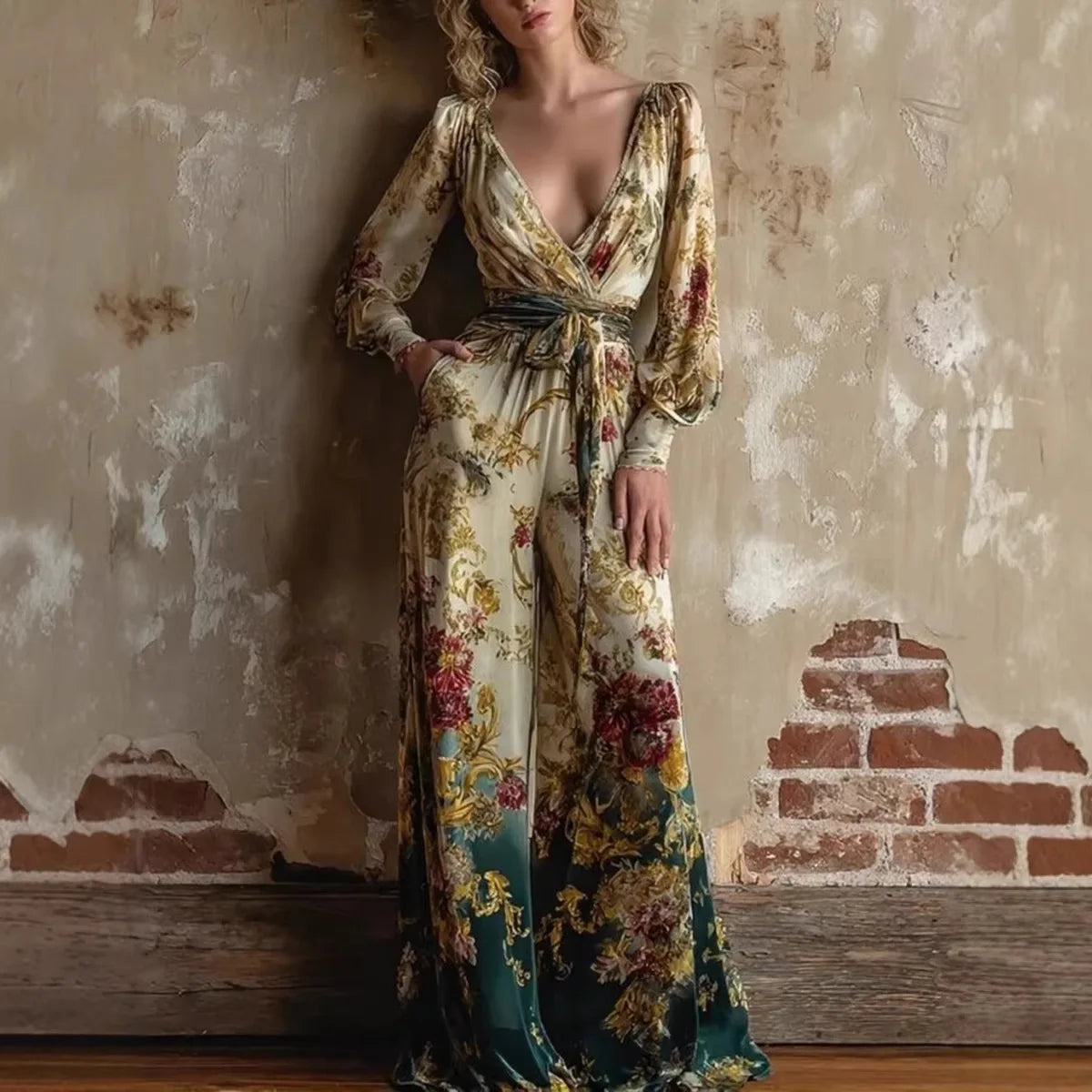 Women's Vintage Print Jumpsuits Fashion Sexy V-neck High Waist Leace-up Wide Legs Jumpsuit Lady Commuting Clothing 2026 New