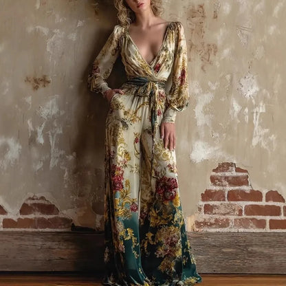 Women's Vintage Print Jumpsuits Fashion Sexy V-neck High Waist Leace-up Wide Legs Jumpsuit Lady Commuting Clothing 2026 New