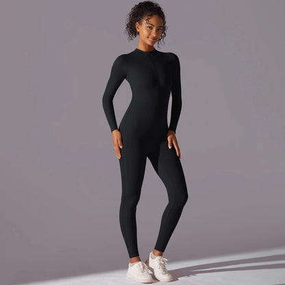 Solid Sports Jumpsuit Fashion Zipper Long Sleeve Fitness Overalls Women Sportswear Quick-dry Gym Yoga Jumpsuit