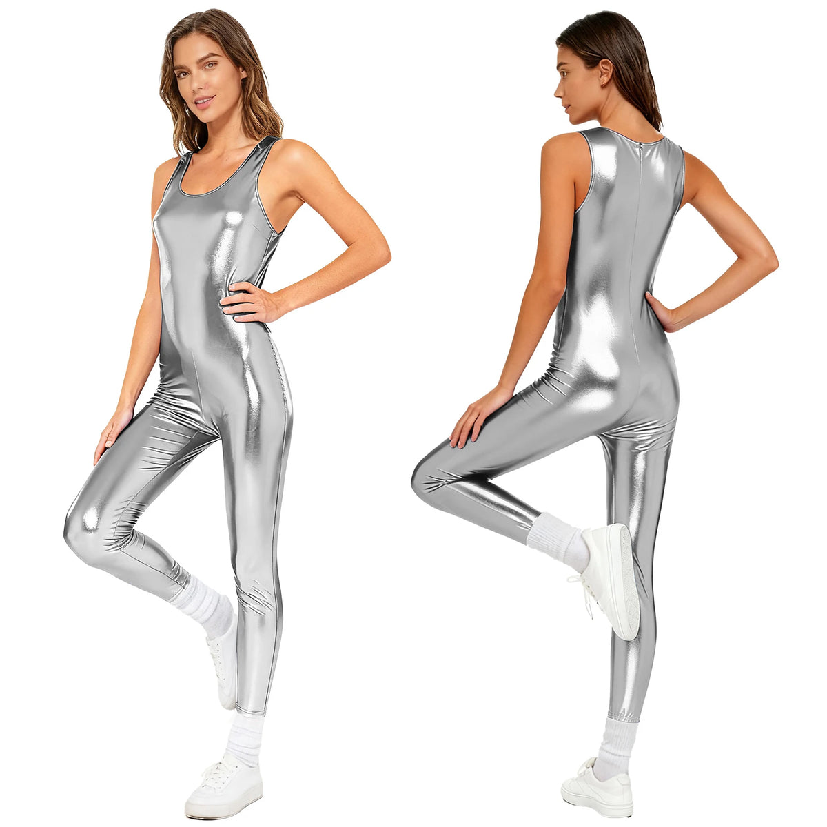 Women Shiny Slim Fit Gymnastics Pole Dancing Jumpsuits Sleeveless Pencil Pant Bodysuit for Yoga Workout Stage Dance Leotards