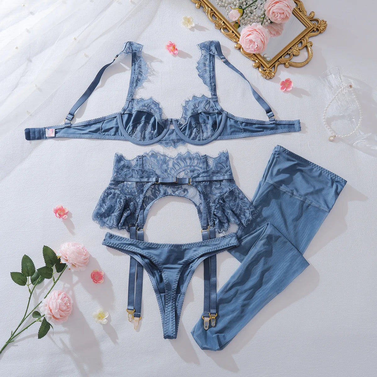Sexy Blue Eyelash Lace Lingerie Set 4Pcs Satin Bra Peplum Ruffle Garter Belt with Rosebud Panties Stockings Women Nightwear
