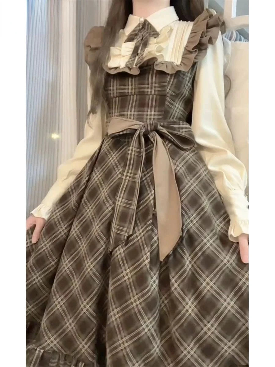 French Vintage Midi Dress Women Casual Evening Party Plaid Dress Office Lady Outwear One Piece Dress Korean Fashion Spring Chic