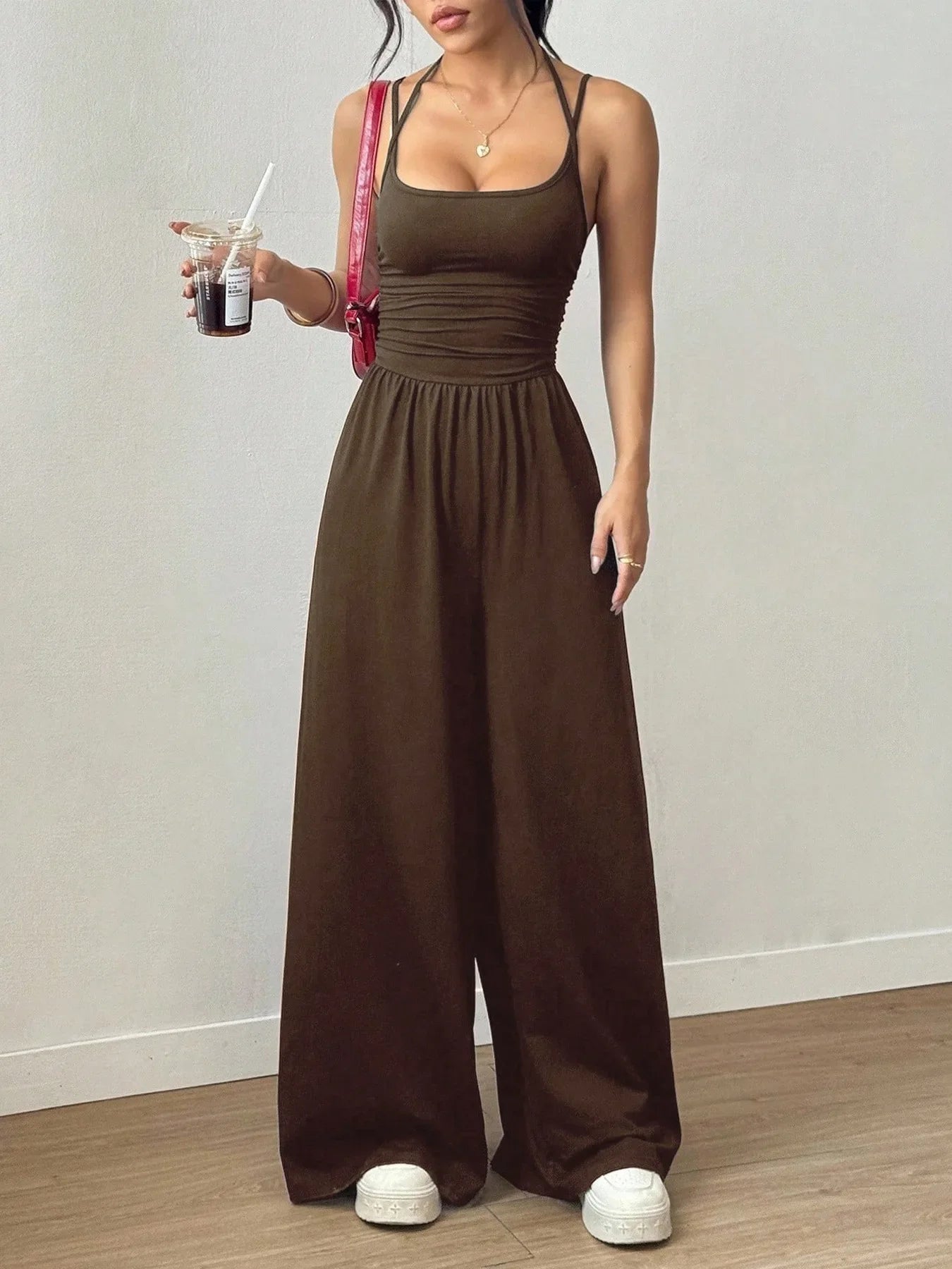Women Halter Spaghetti Strap Jumpsuits Summer Casual Elastic High Waist Backless Wide Leg Long Pants Romper Club Party Overalls