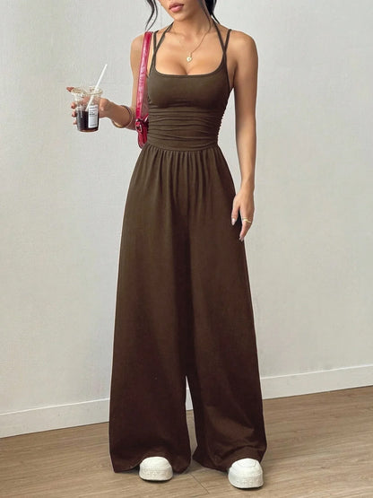 Women Halter Spaghetti Strap Jumpsuits Summer Casual Elastic High Waist Backless Wide Leg Long Pants Romper Club Party Overalls