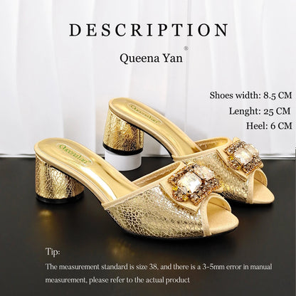 Queena Yan Italian Design Newest Fashion Mature Style Gold Color Women's High Heels with Diamond Oval Bag for Party Wedding