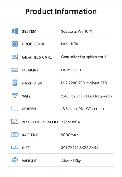 BYONE 13.5 Inch Dual Screen Touch Laptop 2.5k UHD 9000mAH DDR5 16GB RAM 512 GB 1TB 2TB SSD 180° Foldable Portable 2 in 1 Tablet