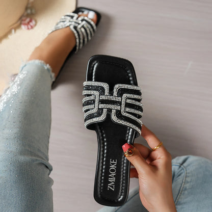 2026 Women Rhinestone Slippers Fashion Non-Slip Shoes Women Outdoor Slippers Designer Square Heel Flat Sandals Slides Women