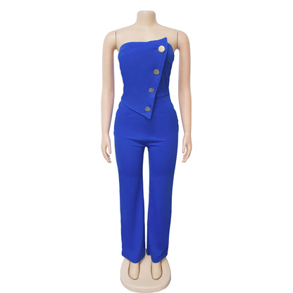 Sexy Backless Strapless Jumpsuit Summer Women Fashion Solid Button Sleeveless Slim Fit Wrap Hip Jumpsuits Elegant Office Romper