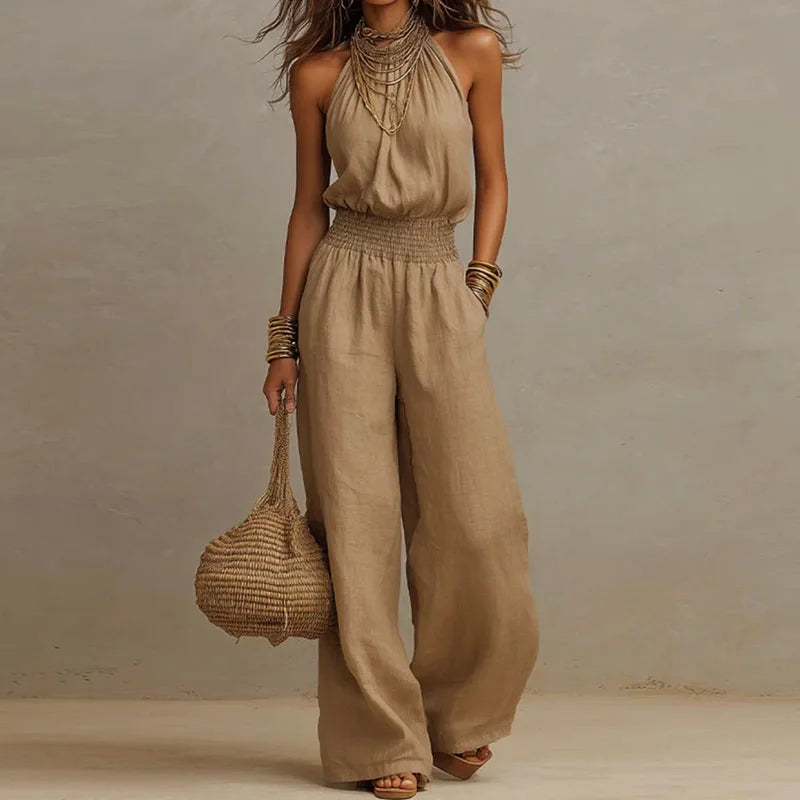 Spring Summer Solid High Waist Woman Jumpsuits Elegant Halter Tie-up Backless Rompers Casual Sleeveless Wide Leg Pocket Overalls