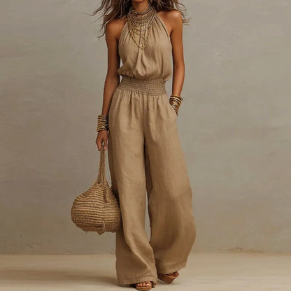 Spring Summer Solid High Waist Woman Jumpsuits Elegant Halter Tie-up Backless Rompers Casual Sleeveless Wide Leg Pocket Overalls