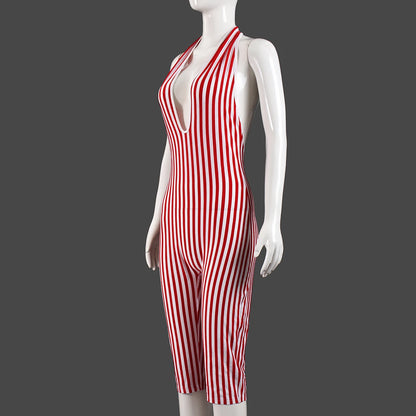 Weird Puss Stripe Print Playsuit Women Sleeveless Backless Halter Bandage Skinny Sexy Clubwear Activity Fitness Workout Romper