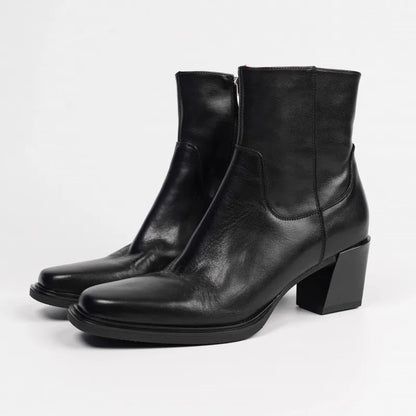 Elegant Office Ladies Chunky Heels Genuine Leather Short Boots Square Toe New Designer Shoes Women Vintage Cowhide Ankle Boots