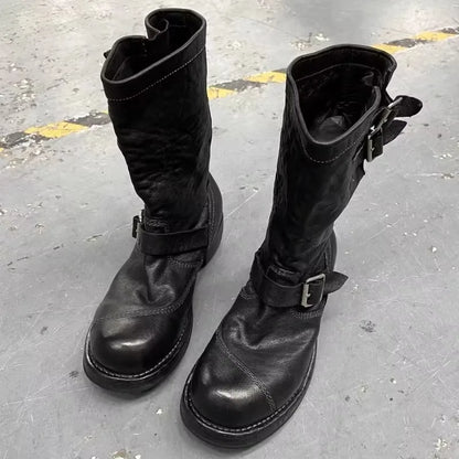 Retro Motorcycle Men's Boots Mid-Calf Knight American Engineer Boots Aged Large Head Boots Leather Splicing Botas Para Moto