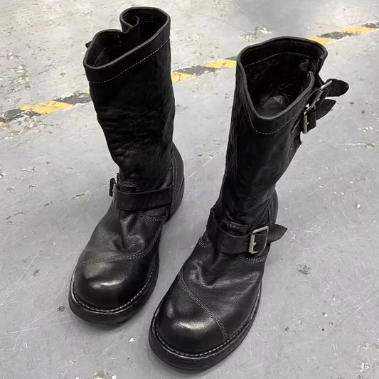 Retro Motorcycle Men's Boots Mid-Calf Knight American Engineer Boots Aged Large Head Boots Leather Splicing Botas Para Moto