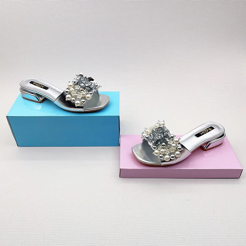 Women Purple Block Heels 3cm Slippers To Match Shoes And Bag Crystal Flowers High Heeled Slides For Summer Fashionable Shoes 43