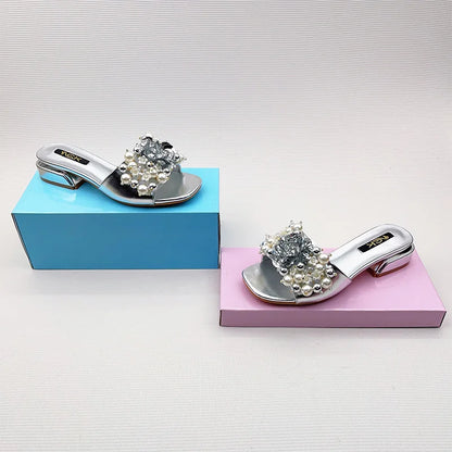 Women Purple Block Heels 3cm Slippers To Match Shoes And Bag Crystal Flowers High Heeled Slides For Summer Fashionable Shoes 43