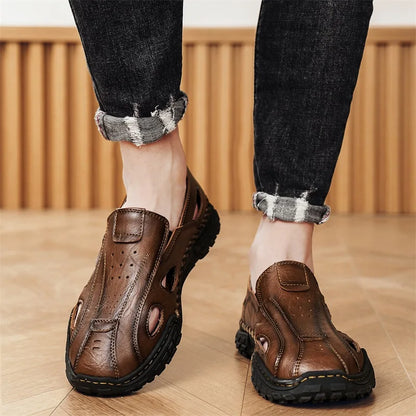 Men Sandals New Hollow Leather Casual Comfortable Trendy Beach Shoes Outdoor Walking Non Slip Bag Toe Walking Shoes for Men