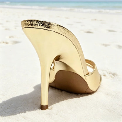 Fashion Gold Cross Tied Stiletto Slingback Sandals for Women Sexy Square Toe Open Toe Slide Sandals Luxury Brand Designer Shoes
