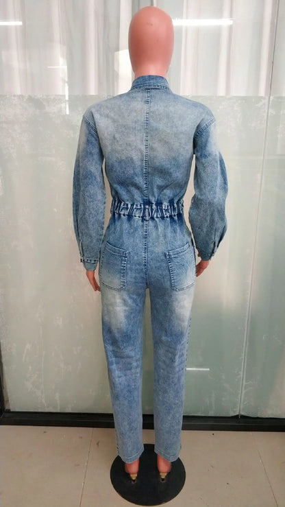 Winter Autumn Jeans Stretch Jumpsuit Sexy Women Turn Down Collar Elegant Denim Straight Romper Overalls