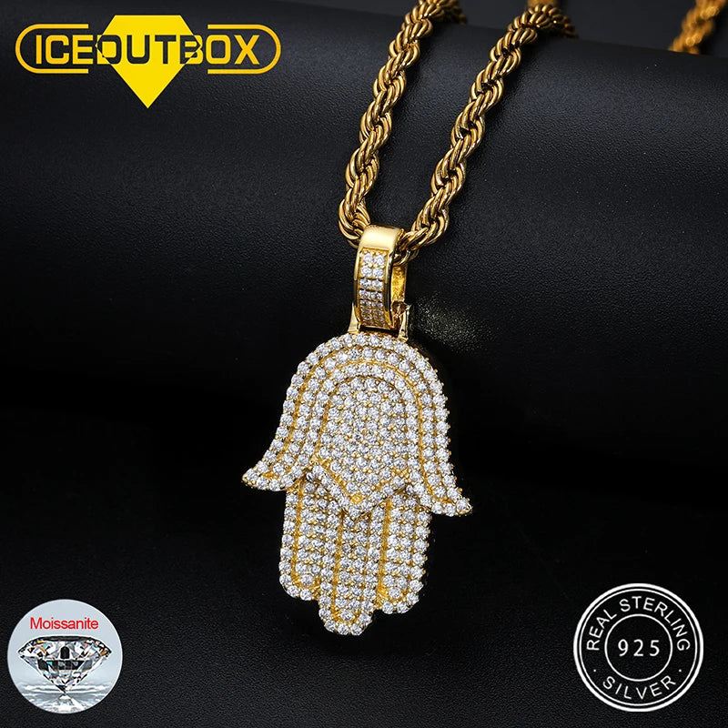 New Moissanite Iced Out Bling Hamsa Hands Pendants Necklaces S925 Silver Charm For Men Women Hip Hop Jewelry Passed Diamond Test