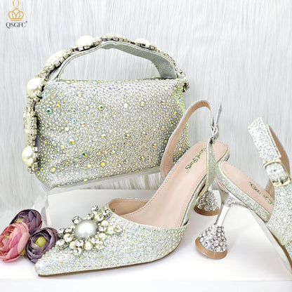 QSGFC 2026 New Fashion Purple Sandals Sequins Rhinestone Point Toe High Heels Slingback Women's Dress Women's Shoes & Bag Set