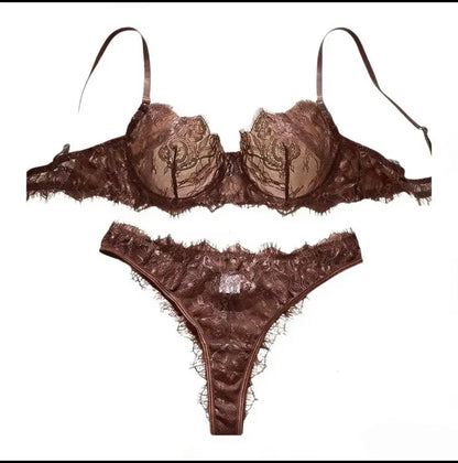 Ladies' Basic Style Thin Lace Bra And Panty Set Seamless Single Layer Eyelet Underwear Comfortable Intimate Apparel