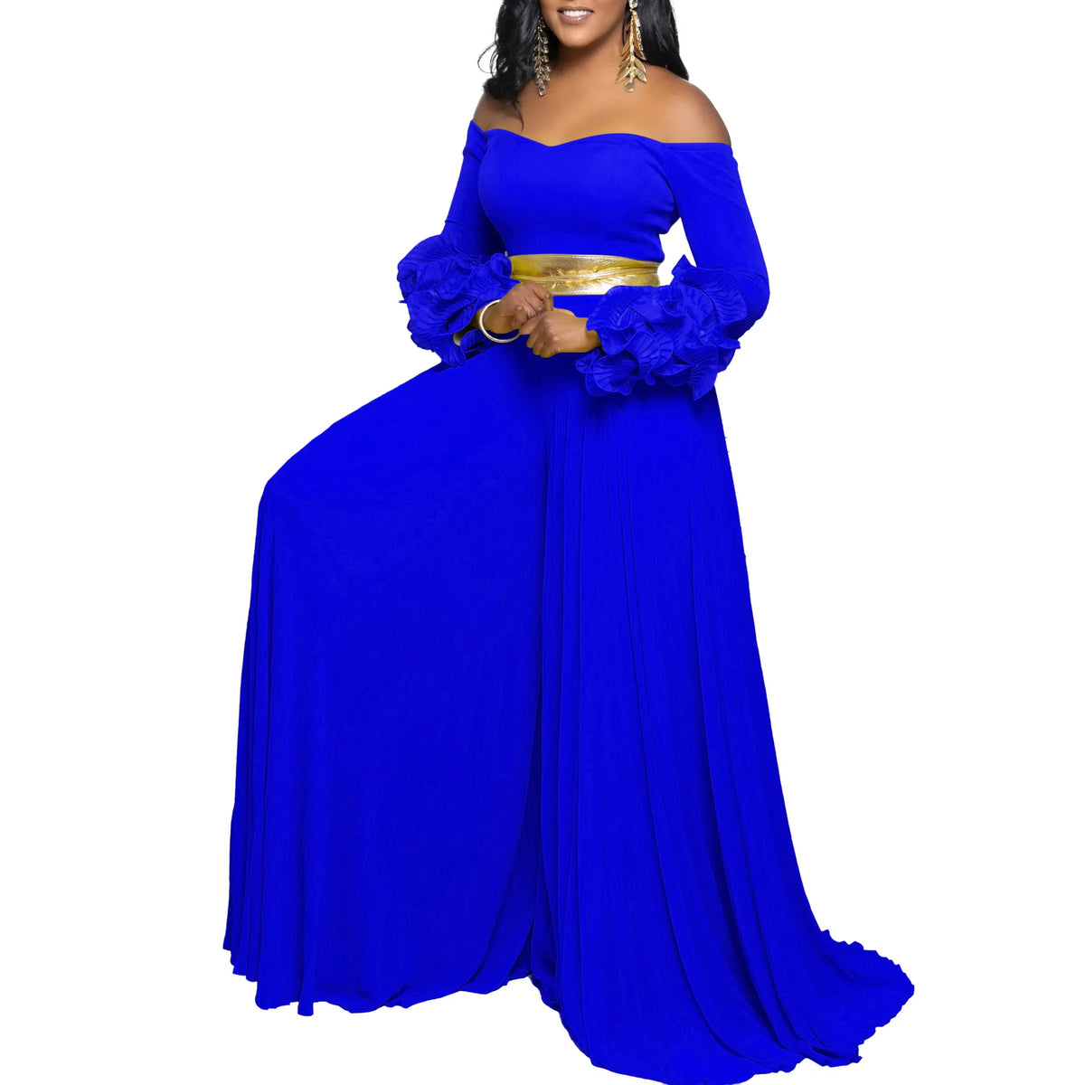CM.YAYA Women Long Ruffles Sleeve Pleated Slash Neck Wide Leg Long Jumpsuits Party Beach Belt Street Sexy Africa Outfit Rompers