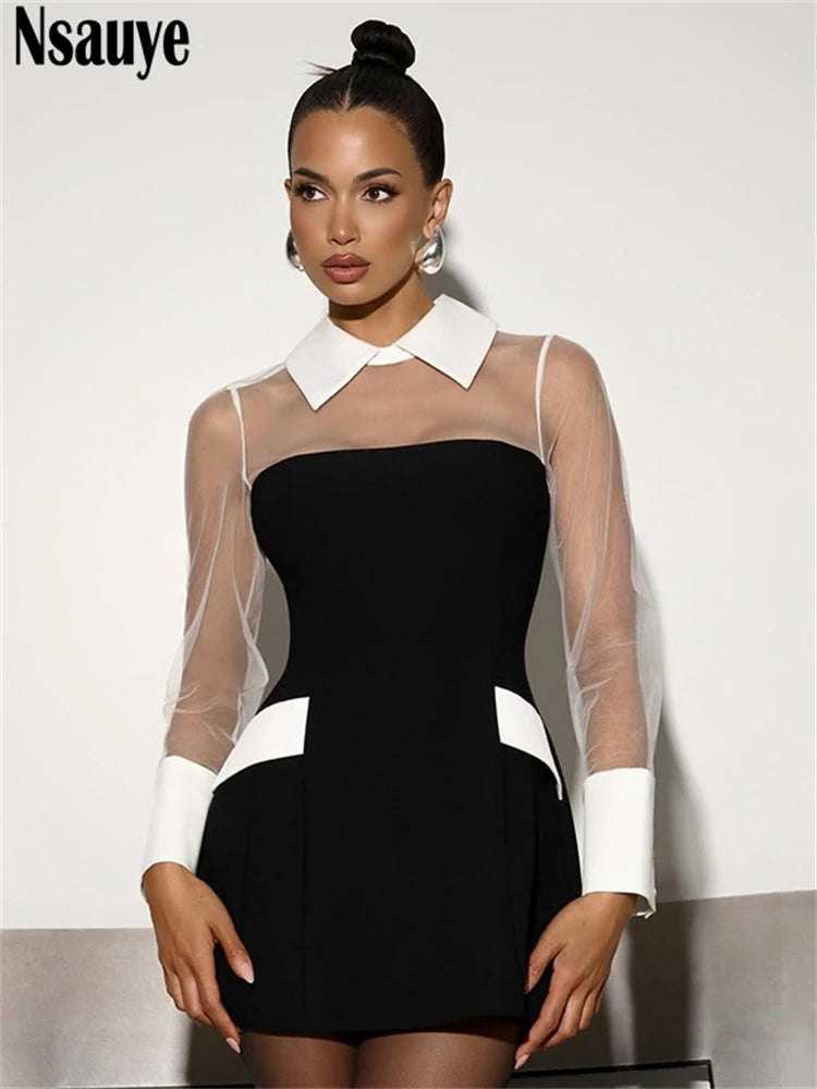 Nsauye New Fashion Women Elegant Sexy Mesh See Through Long Sleeve Party Evening Dress Night Club Mini Bodycon Autumn Dress 22