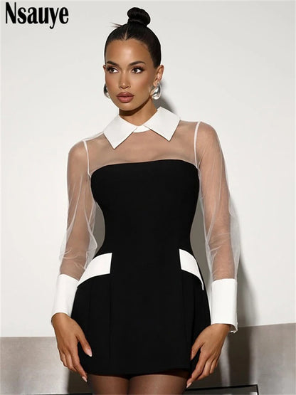 Nsauye New Fashion Women Elegant Sexy Mesh See Through Long Sleeve Party Evening Dress Night Club Mini Bodycon Autumn Dress 22