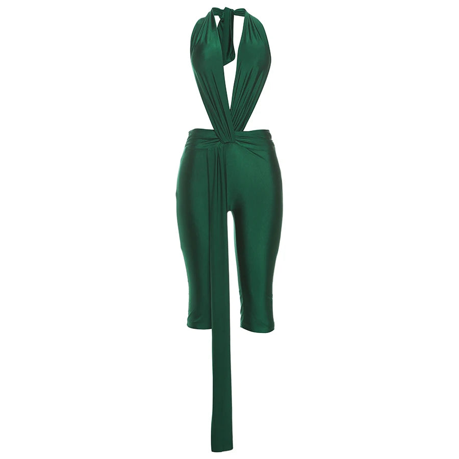 Weird Puss Patchwork Halter Romper Women Ribbon Sleeveless Elastic Backless Workout Activewear Midnight Activity Slim Playsuits