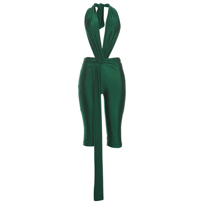 Weird Puss Patchwork Halter Romper Women Ribbon Sleeveless Elastic Backless Workout Activewear Midnight Activity Slim Playsuits