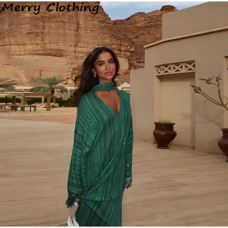 Elegant Tassel Hem Maxi Dress Women V-neck Long Sleeve with Scarf Loose Dresses 2026 NEW Spring Luxury Lady Party Evening Gowns