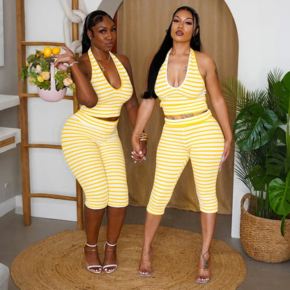 Striped Print Neck Hanging Vest Top, High Waist Tight Fitting Cropped Pants Two-Piece Set