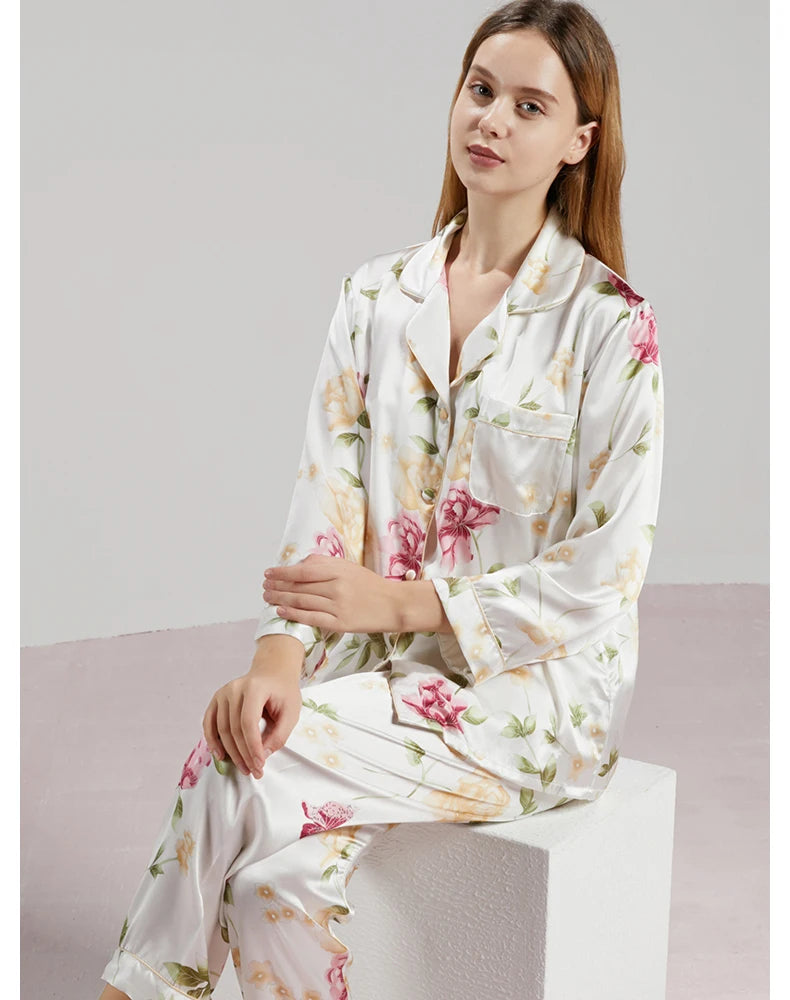 19MM 100% Mulberry Silk Pajamas Women Silk Sleepwear Lady Long-sleeved TrousersTwo-piece Spring Summer  Loose Sexy Home Clothes