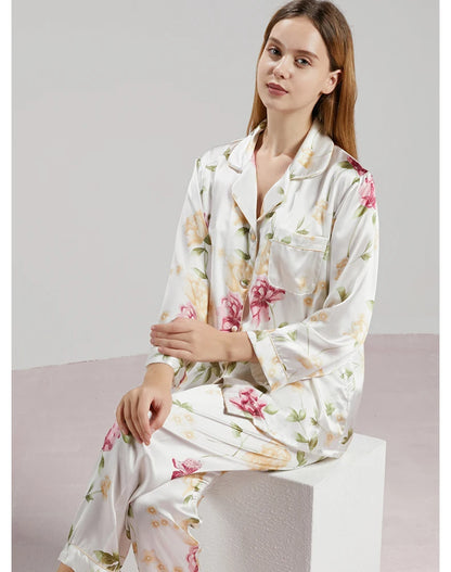 19MM 100% Mulberry Silk Pajamas Women Silk Sleepwear Lady Long-sleeved TrousersTwo-piece Spring Summer  Loose Sexy Home Clothes