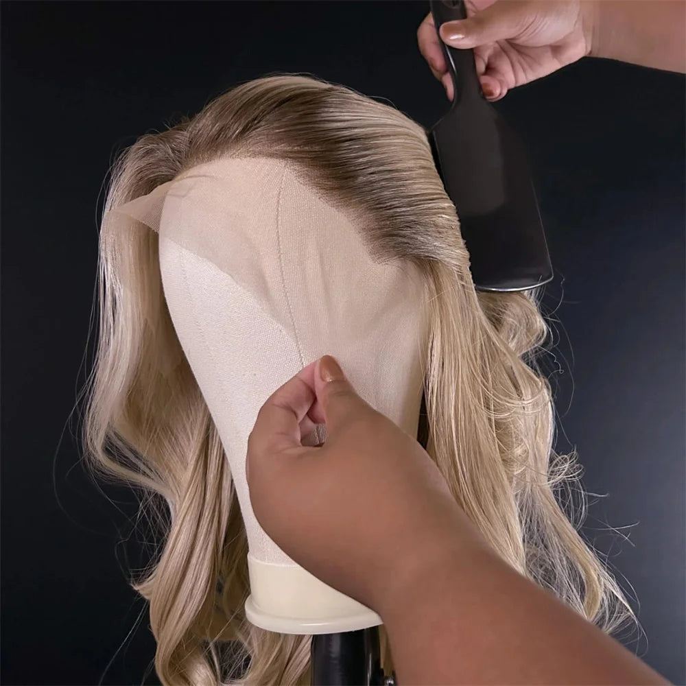 Blonde Balayage Lace Front Wig Free Part HD Lace Wig Realistic Look Dark Brown Roots Natural Wavy Synthetic Heat Resistant Fiber
