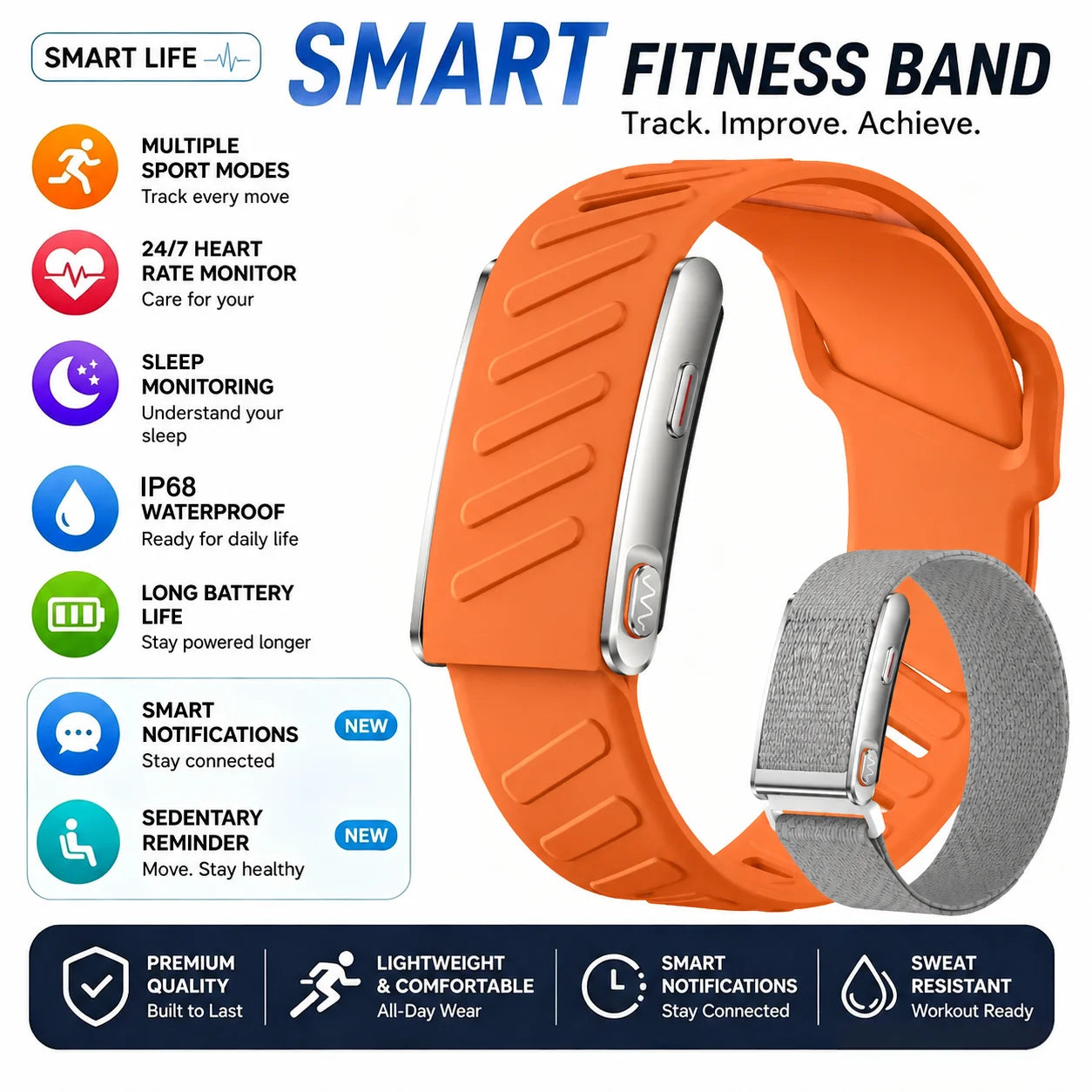 Screenless Smart Bracelet IP68 Waterproof Fitness Tracker Call Reminder 120+ Sport Modes Heart rate Wristband For Men Women