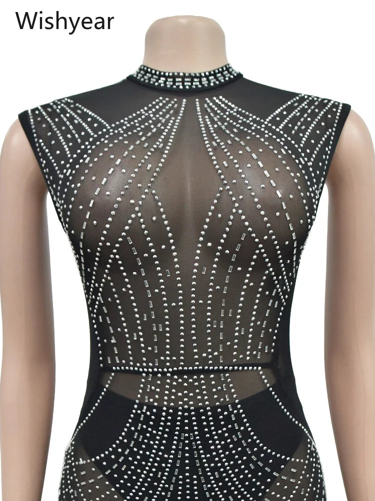 Women One Piece Party Jumpsuit High Neck Sheer Mesh Rhinestone Beading Cap Sleeve Bodycon Long Romper for Cocktail Club Night