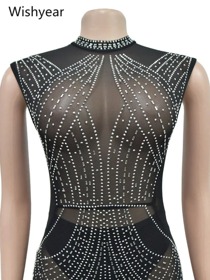 Women One Piece Party Jumpsuit High Neck Sheer Mesh Rhinestone Beading Cap Sleeve Bodycon Long Romper for Cocktail Club Night