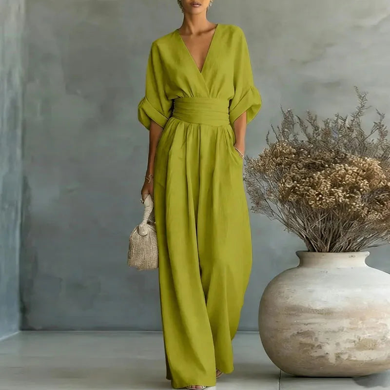 OL Style Solid High Waist Draped Jumpsuits Woman 2026 Spring V Neck Wide Leg Trousers Overalls Casual Half Sleeve Rompers Outfit