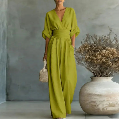OL Style Solid High Waist Draped Jumpsuits Woman 2026 Spring V Neck Wide Leg Trousers Overalls Casual Half Sleeve Rompers Outfit