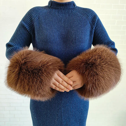 Large Women Faux Fox Fur Scarf Winter Jackets Warm Fluffy Shawl Fashion Artificial Fur Collar And Cuff Set Fluffy Scarves Female