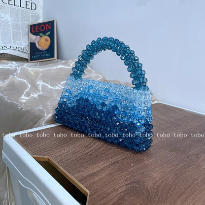 Gradient Blue Beaded Own Design Tote Bags for Women Customized Color Fashion Handbags for 2022 Chain Handle Clutch Evening Bag