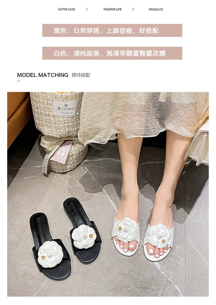 High End Luxury Flower Slippers Women Camellia Shoes Open Toe Slides Femme Outside&Home Pantuflas Sandals Ladies Flip Flops