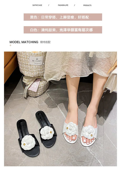 High End Luxury Flower Slippers Women Camellia Shoes Open Toe Slides Femme Outside&Home Pantuflas Sandals Ladies Flip Flops