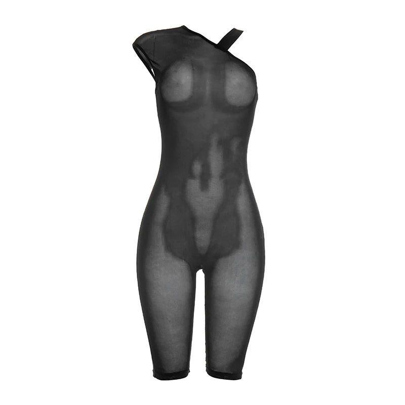 Weird Puss See Through Playsuits Women Solid Irregular Collar Skinny High Elasticity Sexy Midnight Hottie Summer Wild Romper