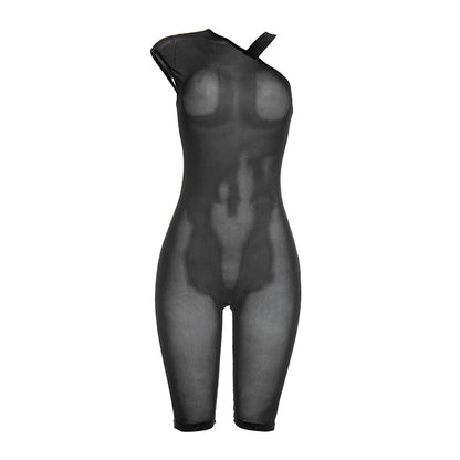 Weird Puss See Through Playsuits Women Solid Irregular Collar Skinny High Elasticity Sexy Midnight Hottie Summer Wild Romper