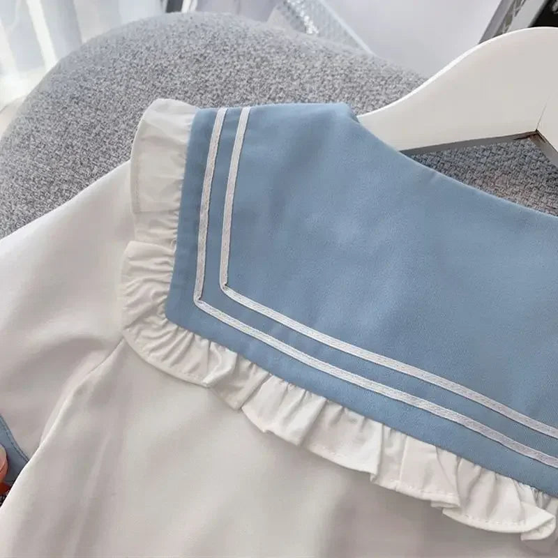2024 Summer Kawaii Shirt Pleated Skirt Girls Clothing Cute Blue Pink Short Sleeve JK Student Uniform 2 Pieces 4 To 15 Years Old