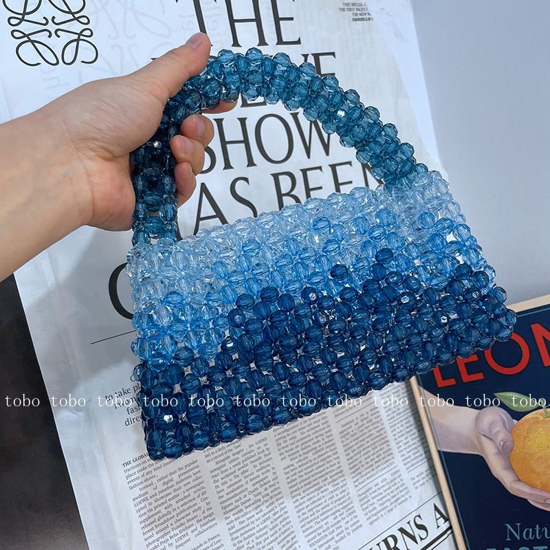 Gradient Blue Beaded Own Design Tote Bags for Women Customized Color Fashion Handbags for 2022 Chain Handle Clutch Evening Bag