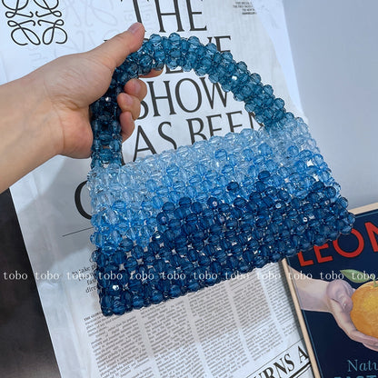 Gradient Blue Beaded Own Design Tote Bags for Women Customized Color Fashion Handbags for 2022 Chain Handle Clutch Evening Bag
